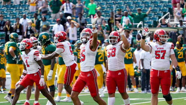 Sep 9, 2023; Waco, Texas, USA; Utah Utes cornerback Tao Johnson (15) celebrates the win against the Baylor Bears at McLane Stadium. Mandatory Credit: Raymond Carlin III-USA TODAY Sports
